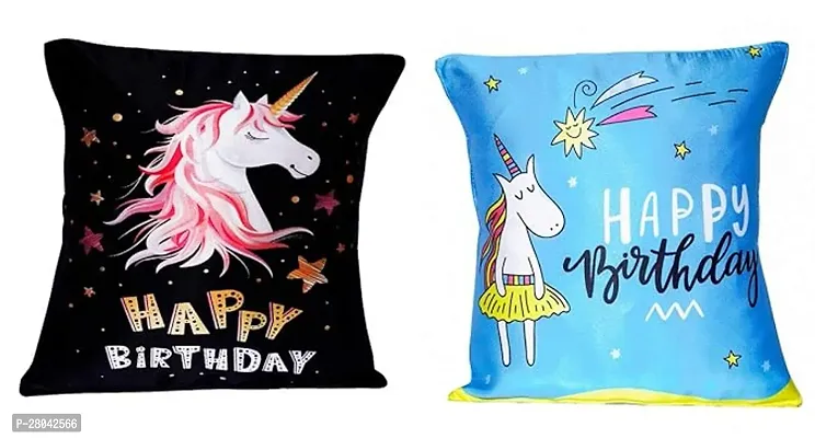 MONK MATTERS Micro Satin Fabric Unicorn Happy Birthday Wish Printed Cushion Cover with Fillers Size 12x12 Inches/30x30cms (Pack of 2 Black and Blue Color)