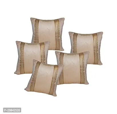 Monk Matters Decorative Striped Ethnic Quilted Velvet Fabric Cushion Cover with Lace Cut Design Size 16x16 Inches/40x40cms Fawn Color (Set of 5 Pcs)-thumb0