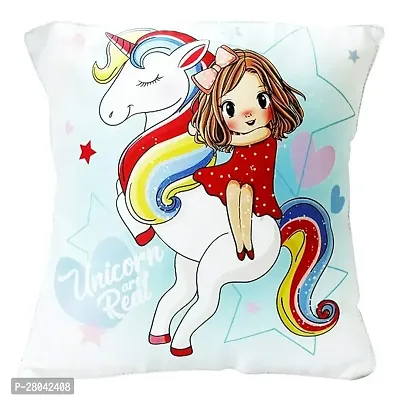 Monk Matters Micro Satin Fabric Unicorn are Real Printed , Girl Sitting on Cushion Cover with Fillers (12x12 Inches, Multicolour)