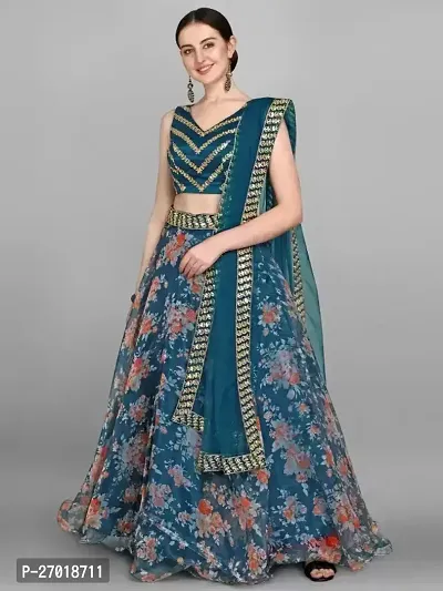 Stylish Blue Organza Embellished Lehenga Choli Set For Women