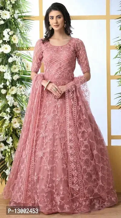 Stylish Pink Embroidery  Net Gown For Women-thumb0