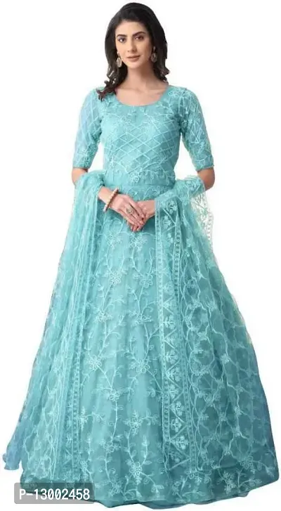 Stylish Blue Embroidery  Net Gown For Women-thumb0