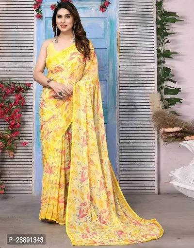 Elegant Yellow Chiffon Printed Bollywood Saree with Blouse piece