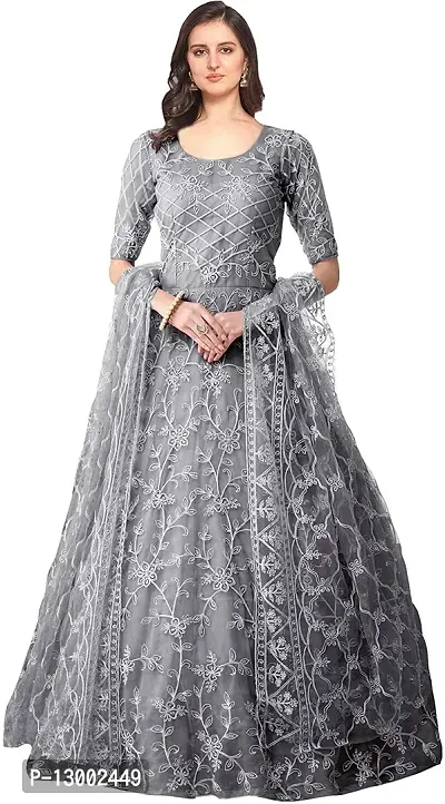 Stylish Grey Embroidery  Net Gown For Women