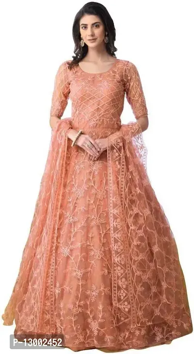 Stylish Orange Embroidery  Net Gown For Women