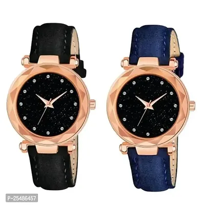 Medboo Black 12Diamond Dial Black and Blue Leather Belt Combo Women and Girls Watch-thumb0