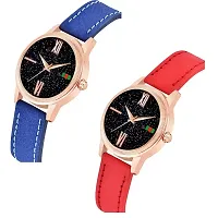 Medboo Black Roman Dial Blue and Red Leather Belt Combo Women and Girls Watch-thumb1