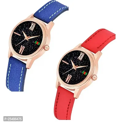 Medboo Black Roman Dial Blue and Red Leather Belt Combo Women and Girls Watch-thumb2