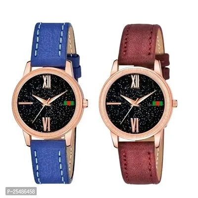 Medboo Black Roman Dial Blue and Brown Leather Belt Combo Women and Girls Watch-thumb0