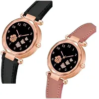 Medboo Three Butter And Rose Dial Black and Pink Leather Belt Girls and Women Watch-thumb1