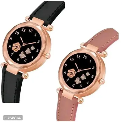 Medboo Three Butter And Rose Dial Black and Pink Leather Belt Girls and Women Watch-thumb2