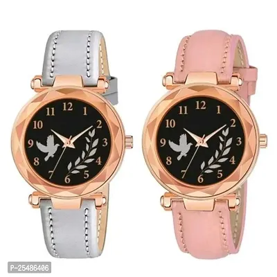 Medboo Black Birds Dial Grey And Pink Leather Belt Analog Women and Girls Watch