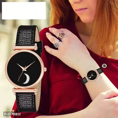 HRV Black Moon Dial Leather Strap  Watch For Girls