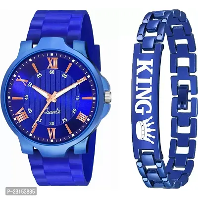 Stylish Blue Metal Analog Watches For Men Watch With Bracelet-thumb0