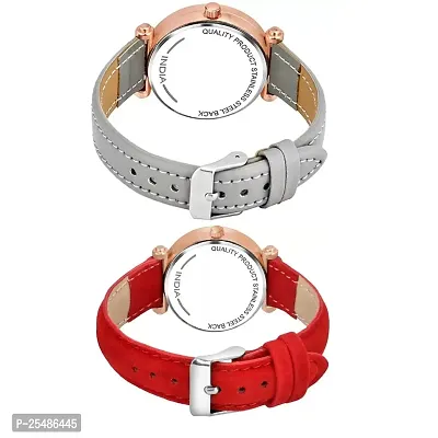 Medboo Black 12Diamond Dial Grey and Red Leather Belt Combo Women and Girls Watch-thumb3