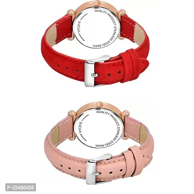 Medboo Black 12Diamond Dial Pink and Red Leather Belt Combo Women and Girls Watch-thumb3