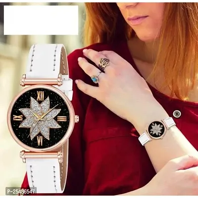 Medboo Black Star Dial Rose Rl Cash Leather White Belt Analog Women and Girls Watch