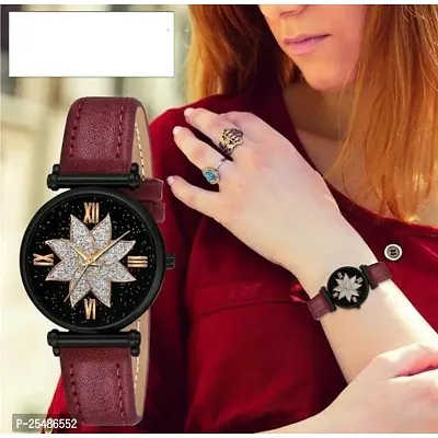 Medboo Black Star Dial Rose Rl Cash Leather Red Belt Analog Women and Girls Watch