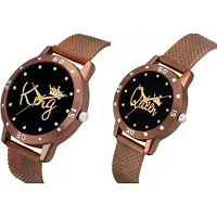 JMV Brown King Queen Dial PU Strep Couple Men And Women Watch-thumb1