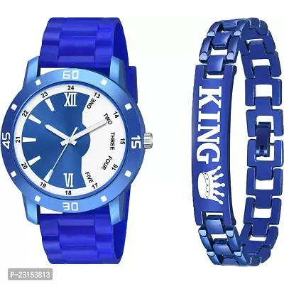 Stylish Blue Metal Analog Watches For Men Watch With Bracelet-thumb0