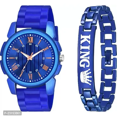 Stylish Blue Metal Analog Watches For Men Watch With Bracelet