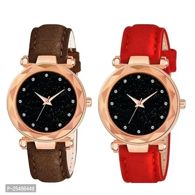 Medboo Black 12Diamond Dial Brown and Red Leather Belt Combo Women and Girls Watch-thumb0