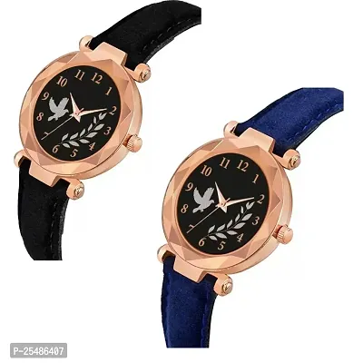 Medboo Black Birds Dial Blue And Black Leather Belt Analog Women and Girls Watch-thumb2