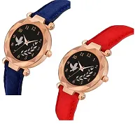 Medboo Black Birds Dial Blue And Red Leather Belt Analog Women and Girls Watch-thumb1