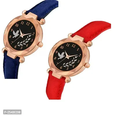 Medboo Black Birds Dial Blue And Red Leather Belt Analog Women and Girls Watch-thumb2