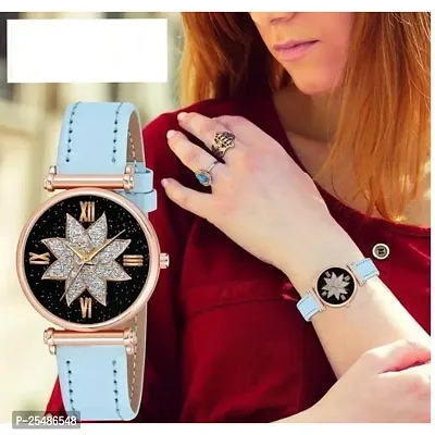 Medboo Black Star Dial Rose Rl Cash Leather SkyBlue Belt Analog Women and Girls Watch