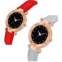 Medboo Black 12Diamond Dial Grey and Red Leather Belt Combo Women and Girls Watch-thumb1