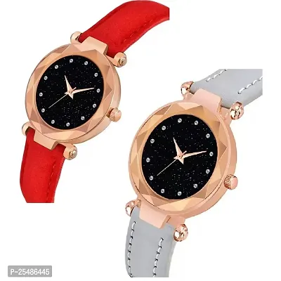 Medboo Black 12Diamond Dial Grey and Red Leather Belt Combo Women and Girls Watch-thumb2