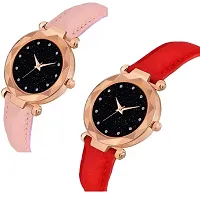 Medboo Black 12Diamond Dial Pink and Red Leather Belt Combo Women and Girls Watch-thumb1