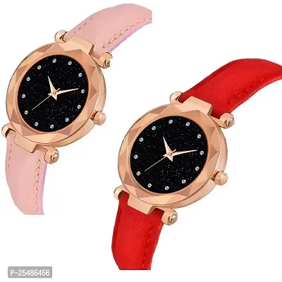 Medboo Black 12Diamond Dial Pink and Red Leather Belt Combo Women and Girls Watch-thumb2