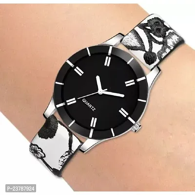 HRV UNIQUE ROUND BLACK DIAL LATHER WATCH FOR WOMEN
