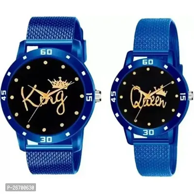 JMV Blue King Queen Dial PU Strep Couple Men And Women Watch-thumb0