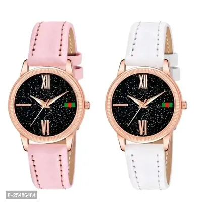 Medboo Black Roman Dial Pink and White Leather Belt Combo Women and Girls Watch-thumb0