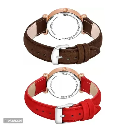 Medboo Black 12Diamond Dial Brown and Red Leather Belt Combo Women and Girls Watch-thumb3