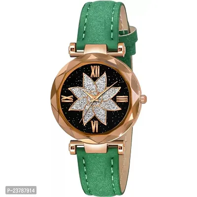 HRV Black Flower Dial Green Leather Belt Women Watch-thumb0