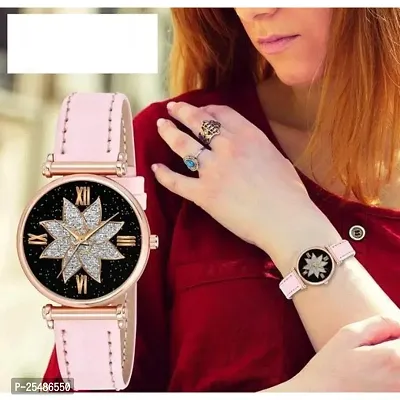 Medboo Black Star Dial Rose Rl Cash Leather Pink Belt Analog Women and Girls Watch-thumb0