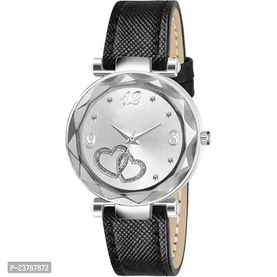 HRV Silver Heart Dial Black Leather Strap  Watch For Girls