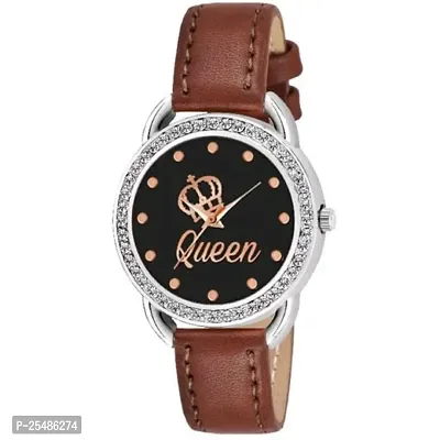 Medboo New Queen Dial Diamond Silver Cash Brown Belt Women and Girls Watch-thumb0