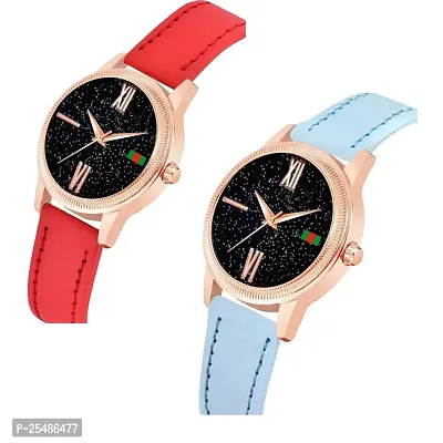 Medboo Black Roman Dial Red and SkyBlue Leather Belt Combo Women and Girls Watch-thumb2