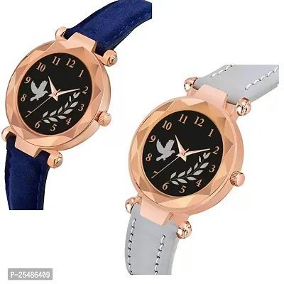 Medboo Black Birds Dial Blue And Grey Leather Belt Analog Women and Girls Watch-thumb2