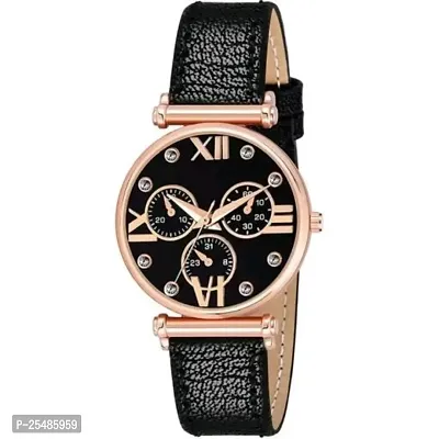 Medboo Meena Black Dial Black Leather Belt RL Girls and Women Analog Watch-thumb0