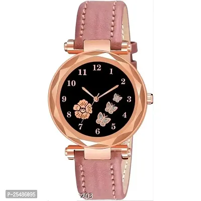 Medboo Three Butter And Rose Dial Pink Leather Belt Girls and Women Analog Watch-thumb0