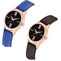 Medboo Black Roman Dial Blue and Brown Leather Belt Combo Women and Girls Watch-thumb1