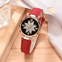 HRV Black Flower Dial Red Leather Belt Women Watch-thumb1