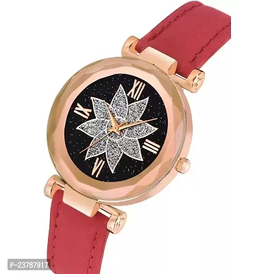 HRV Black Flower Dial Red Leather Belt Women Watch-thumb3