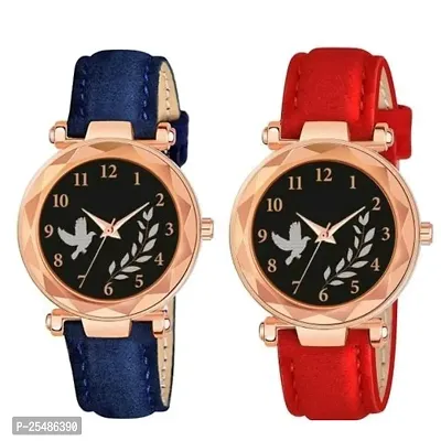 Medboo Black Birds Dial Blue And Red Leather Belt Analog Women and Girls Watch-thumb0